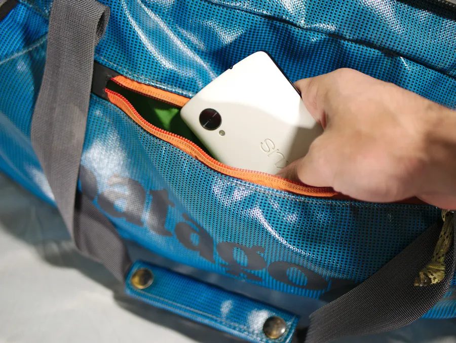 Exterior front zipper pocket on the duffel