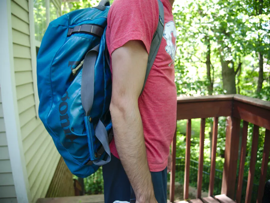 Patagonia Black Hole Duffel carried as a backpack using the shoulder straps